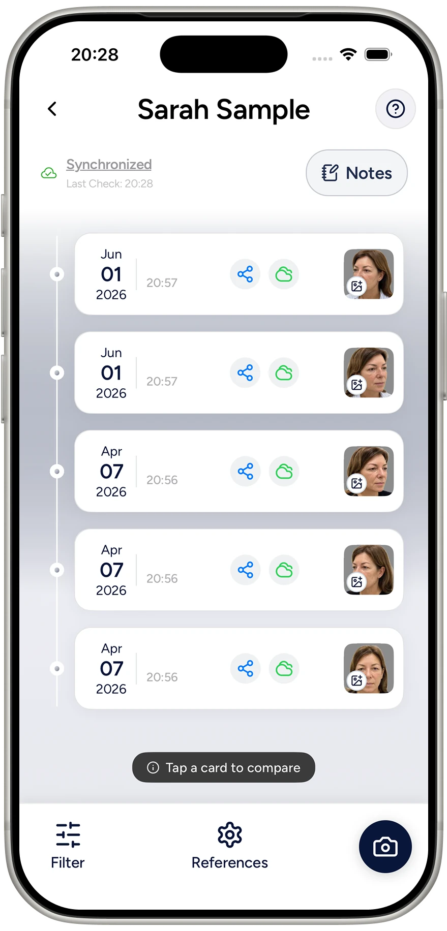 The evooia mobile app showing the same patient list, synced with the clinic dashboard