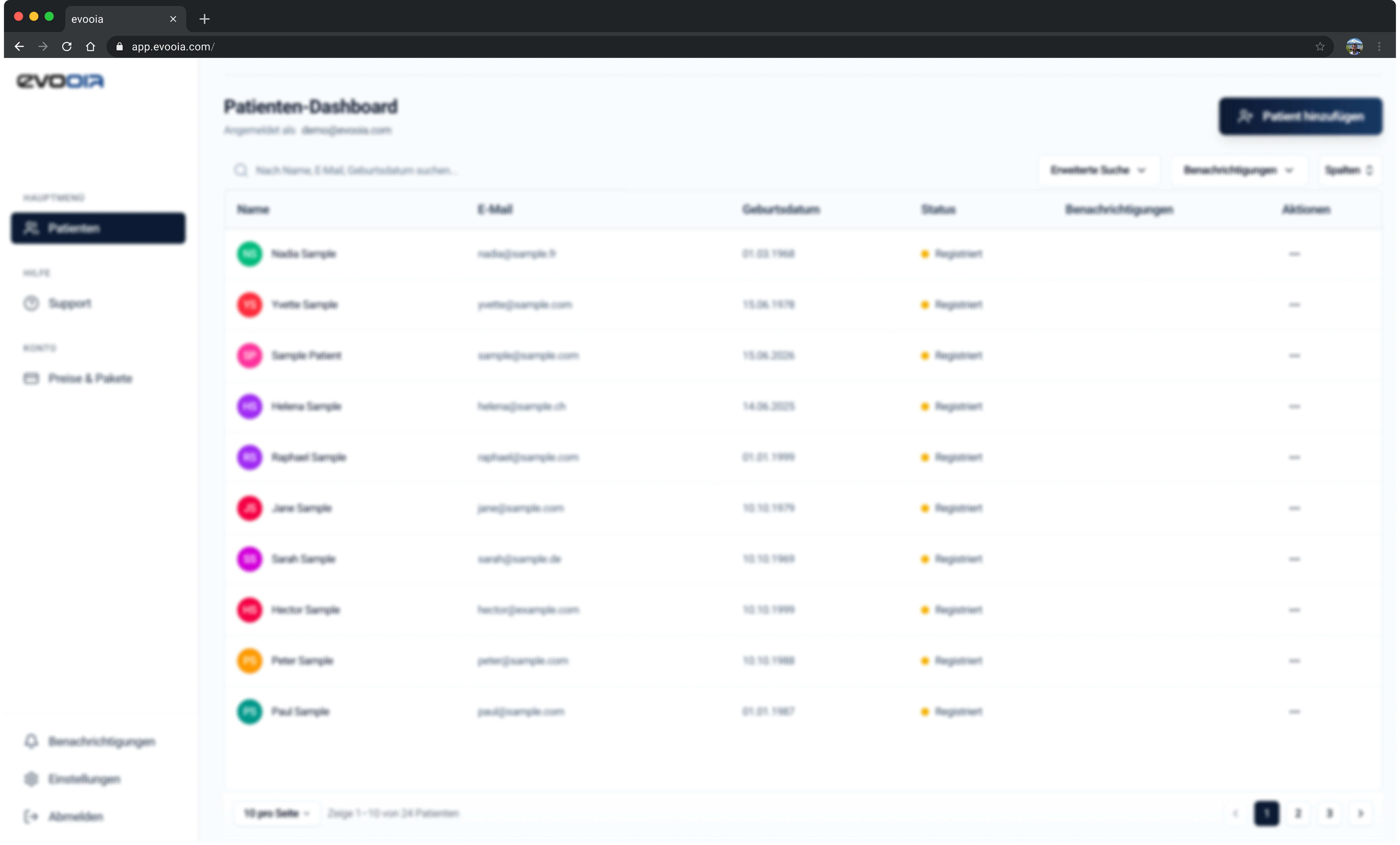 Das evooia-Web-Dashboard mit der Liste internationaler Patienten