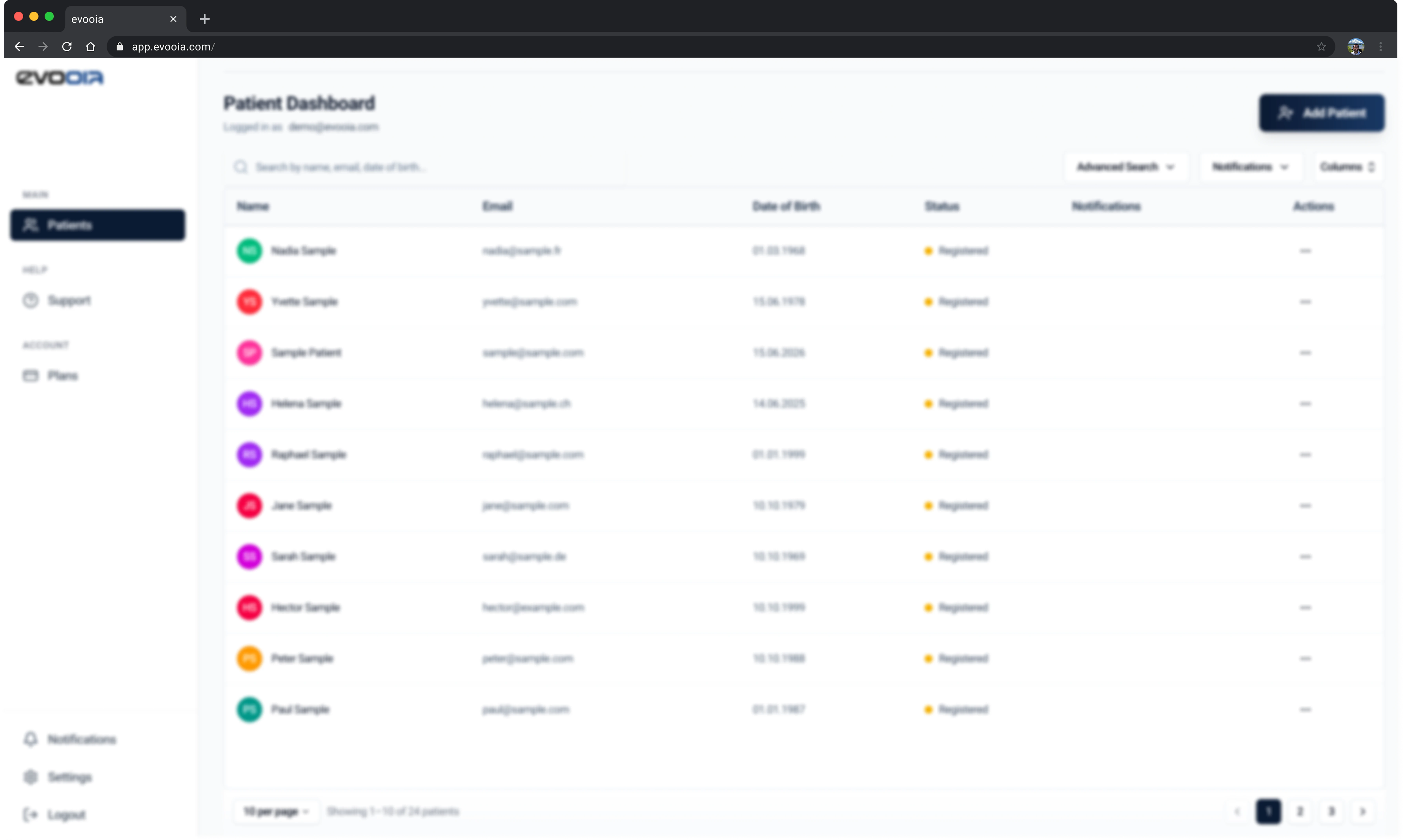 The evooia web dashboard showing the international patient list