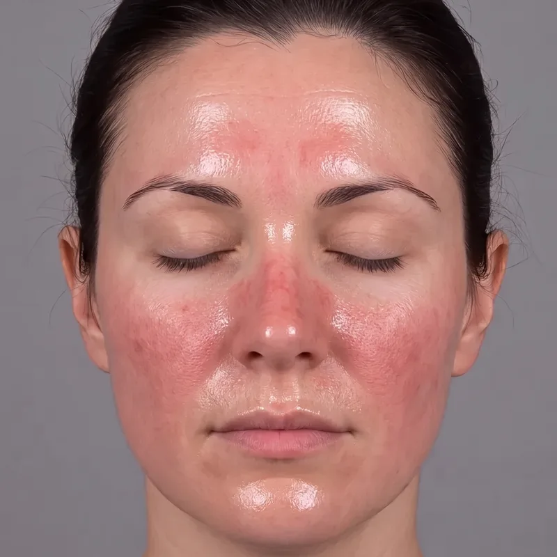 Illustrative image: the same face under room light and under evooia Light