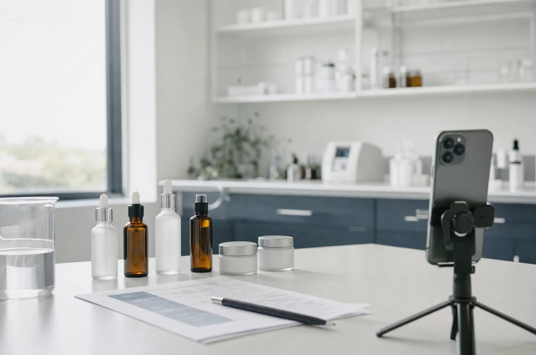 Formulaciones para el cuidado de la piel sobre una mesa de laboratorio, junto a un iPhone en un pequeño trípode