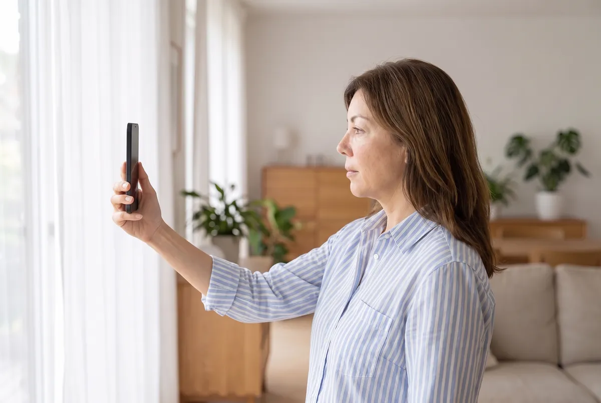 Sarah takes a guided photo of her face with her iPhone at home