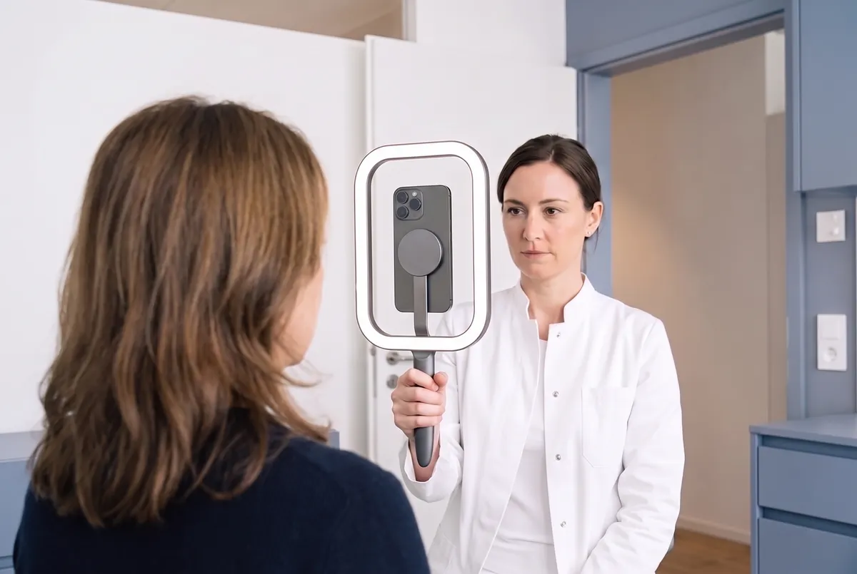 A clinician takes Sarah's baseline photo with an iPhone in a handheld light panel